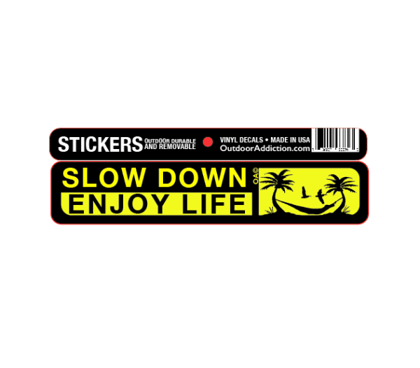 Slow down - Enjoy Life 1 x 5 inches mini bumper sticker Make a statement with these great designs sized perfectly for items like computers, cell phones or bigger items like your car! Dimensions: 1" x 5 inch -Printed vinyl -Outdoor durable and ultra removable -Waterproof